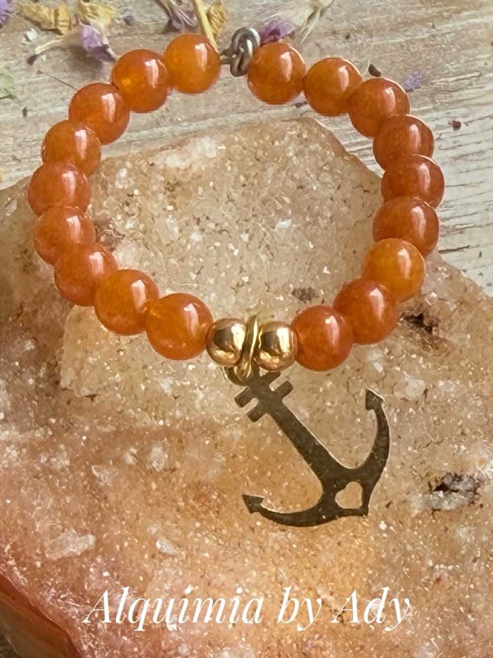 Carnelian Orange Beaded Ring with Gold Anchor Charm